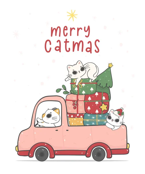 Grupo Três Gatos Dirigir Carro Natal Vermelho Com Pinheiros Presentes —  Vetores de Stock