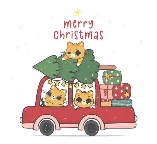 一组三只姜黄猫驾驶一辆圣诞红色的圣诞车 车顶有松树 车后有礼品盒 卡通涂鸦手绘病媒 — 图库矢量图片