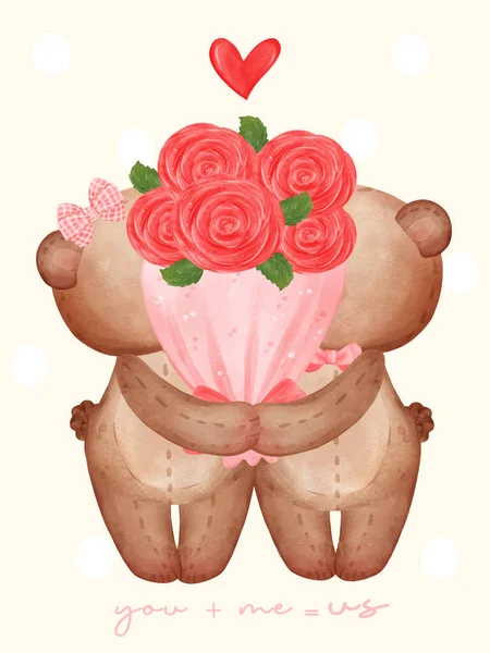 Słodkie Para Pluszowy Miś Lalka Całowanie Bukiet Róż Uroczy Kreskówka — Wektor stockowy
