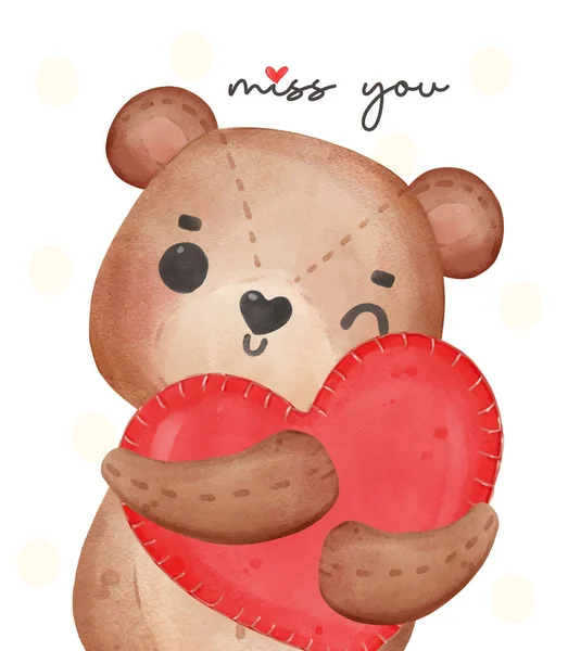 Милый Коричневый Плюшевый Медведь Сжимая Объятия Красная Подушка Сердца Очаровательный — стоковый вектор