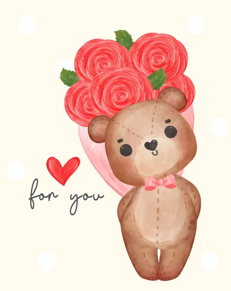 Χαριτωμένο Καφέ Αρκουδάκι Κούκλα Κρύβει Τριαντάφυλλα Μπουκέτο Κρύψει Αξιολάτρευτο Καρτούν — Διανυσματικό Αρχείο