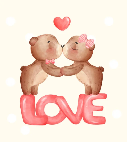 Cute Couple Teddy Bear Dolls Kissing Holding Hand Together Shiny — Stock Vector