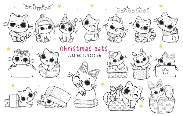 stock vector cute funny Christmas kitten cat outline transparent collection on white background, cartoon animal doodle hand drawing vector