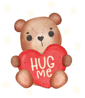 Şirin beyefendi kahverengi ayıcık kırmızı kalp yastığını tut seni seviyorum, tatlı suluboya el çizimi vektör çizimi 