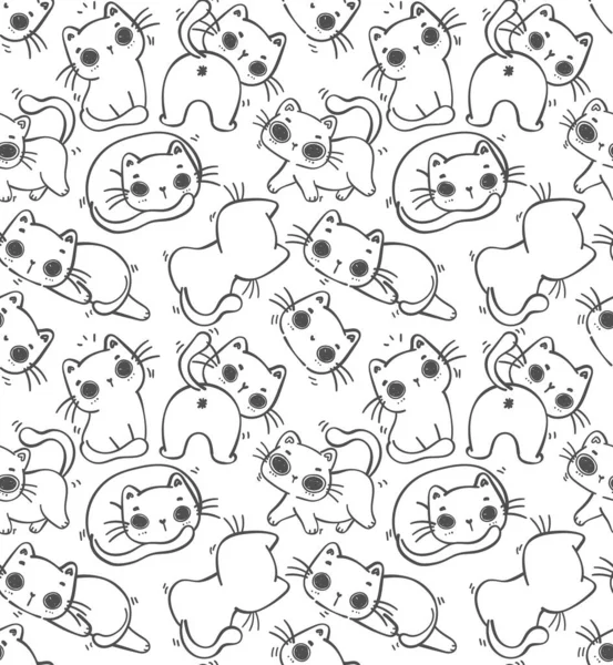 cute funny cat outline pattern seamless cartoon hand drawing black line isolated on white background vector