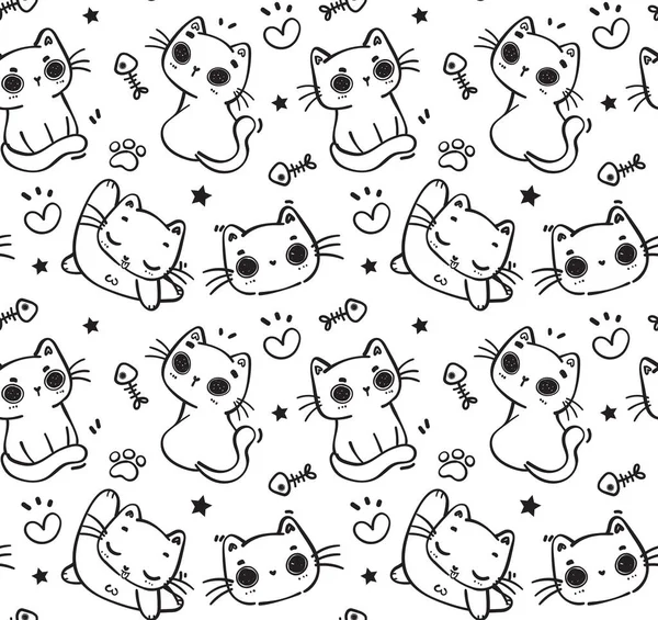 cute pattern seamless doodle funny kitten cat cartoon hand drawing vector black line isolated on white background