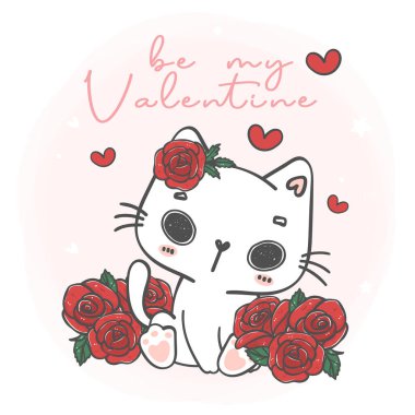 cute kawaii white cat with roses flowers be my Valentine, pet animal cartoon character hand drawing illustration vector