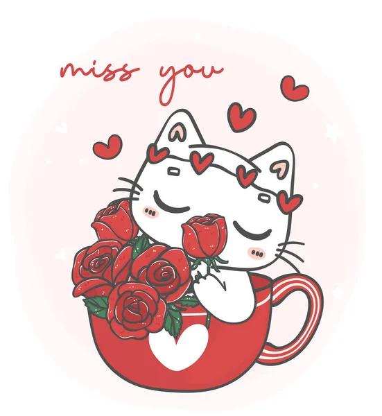 Cute Kawaii White Cat Smelling Roses Flowers Red Mug Miss — Vettoriale Stock