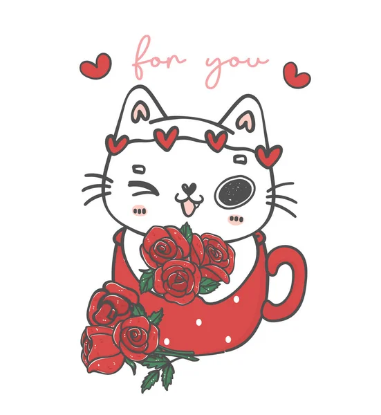 Cute Kawaii White Cat Give Boquet Roses Flowers Red Mug — Vettoriale Stock