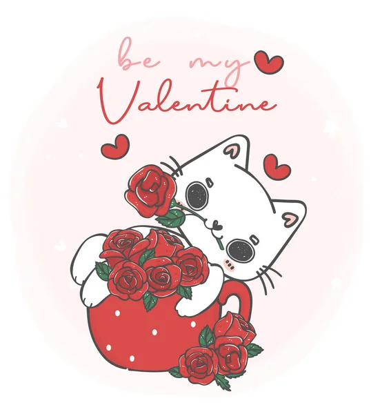 Cute Kawaii White Cat Bouquet Roses Flowers Red Mug Valentine — Vettoriale Stock
