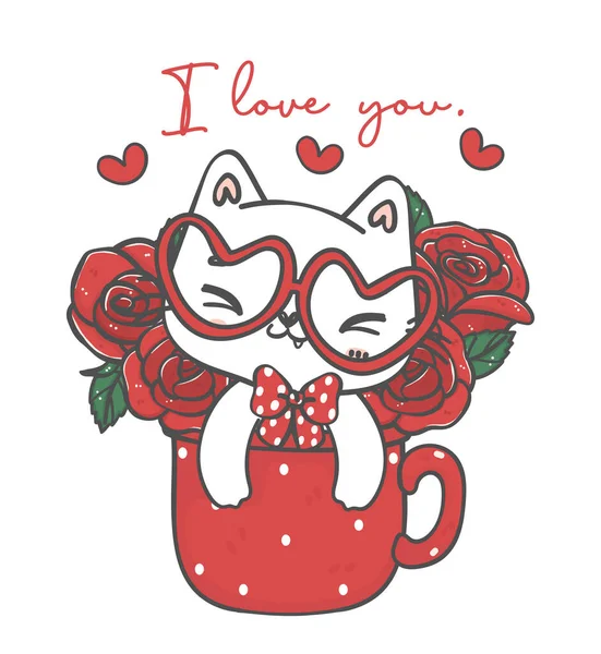 Cute Kawaii Happy White Cat Smiling Red Roses Flowers Mug — Vettoriale Stock