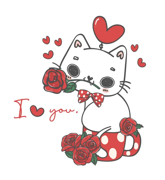Cute Kawaii Romantic White Cat Sitting Red Roses Flowers Mug — Vettoriale Stock