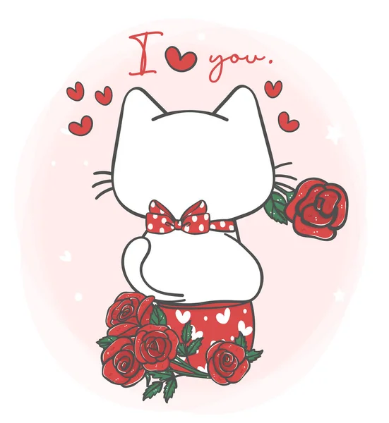 Cute Kawaii Shy White Cat Sitting Red Roses Flowers Mug — Vettoriale Stock