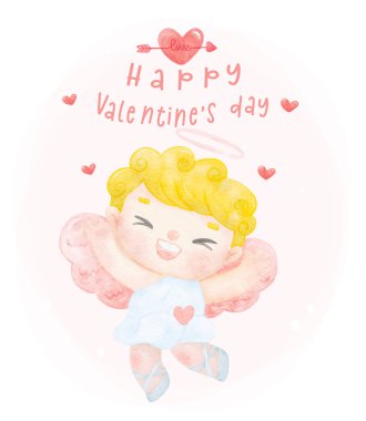 cute watercolour happy joyful smile cupid blonde curly hair boy cartoon character hand painting, Happy Valentine greeting card idea, illustration vector 