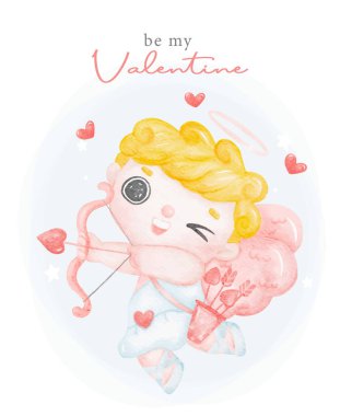 cute watercolour happy smile Valentine cupid boy, blonde curly hair shooting bow and arrow, be my Valentine cartoon character hand painting illustration vector