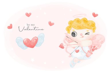 cute watercolour happy Valentine little blonde curly hair cupid boy shooting flying heart by arrow adorable cartoon character hand painting vector