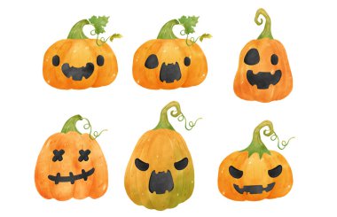 collection of orange pumpkins watercolor with face jack o lantern, collection hand drawn illustration vector