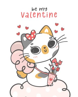 Cute happy Valentine love cupid Calico kitten sits on pink cloud, be my Valentine, animal cartoon character doodle hand drawing