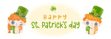 Tatlı Mutlu Aziz Patrick bayrağı Şanslı laprechaun oğlan ve kız çocuk çizgi film karakteri suluboya el boyasıyla