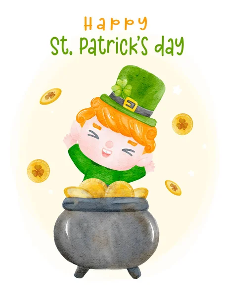 Joyeux Saint Patrick Mignon Sourire Heureux Laprechaun Dans Gloden Pot — Image vectorielle