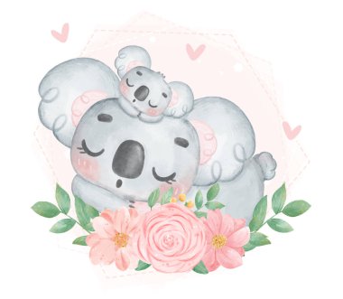 Tatlı masumiyet Avustralya Koala anne ve bebek tatlı çiçek çelenklerinde uyuyor, Anneler Günü 'nüz kutlu olsun suluboya hayvan karikatürü el resmi