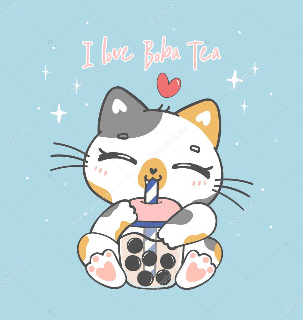 Cute happy kawaii boba tea cat, kitten drinking bubble tea, adorable cartoon animal doodle hand drawing