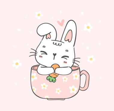 Kawaii komik yavru kedi sütlü çay fincanında, köpüklü çay kedisi, sevimli hayvan çizimi el çizimi