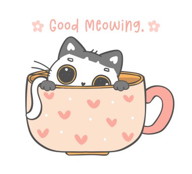 cute funny playful kitten cat in coffee cup, good meowing, cartoon animal doodle hand drawing clipart