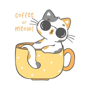 Şirin, neşeli, tombul kedi yavrusu kahve fincanında kedi pisisi, serin oynayın, kahve ya da miyav, karikatür hayvan çizen el.