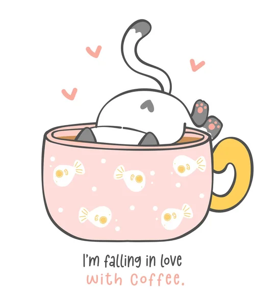 Милый Смешной Игривый Котенок Чашке Кофе Влюбиться Кофе Мультяшные Рисунки — стоковый вектор