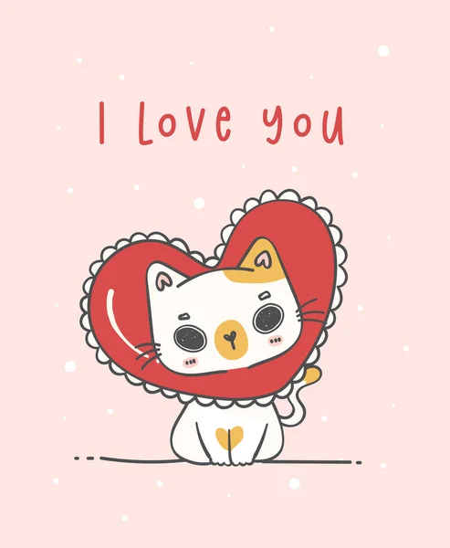可爱的爱猫疯狂的猫我爱你情人节贺卡 卡通涂鸦手绘病媒 — 图库矢量图片