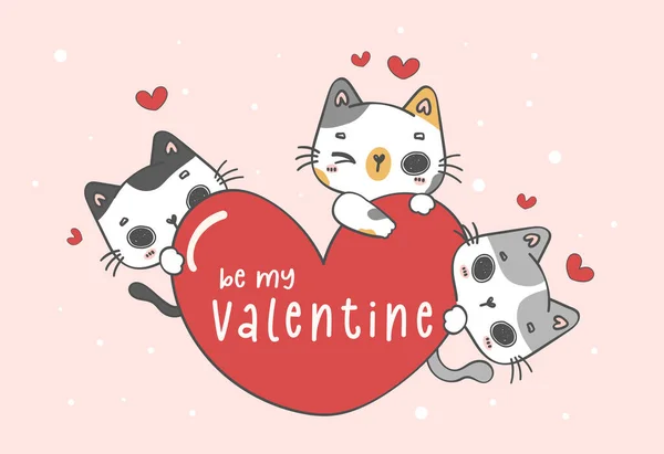Cute Three Kitten Cats Hug Red Heart Valentine Greeting Card — Διανυσματικό Αρχείο