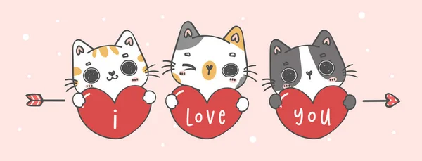 Cute Love You Valentine Greeting Card Banner Group Kawaii Kitten — Stock Vector