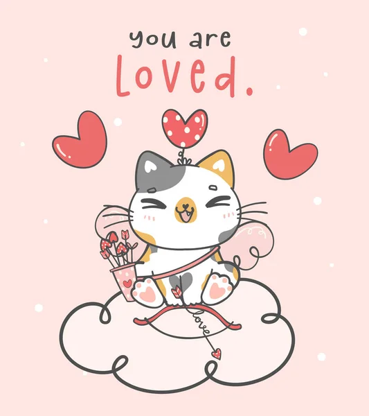 かわいいバレンタイングリーティングカードともにかわいい笑顔のカリコキューピッド猫がピンク色の雲の上にハート矢印と弓 愛らしい漫画動物キャラクターイラストベクトルハンドドローイング — ストックベクタ