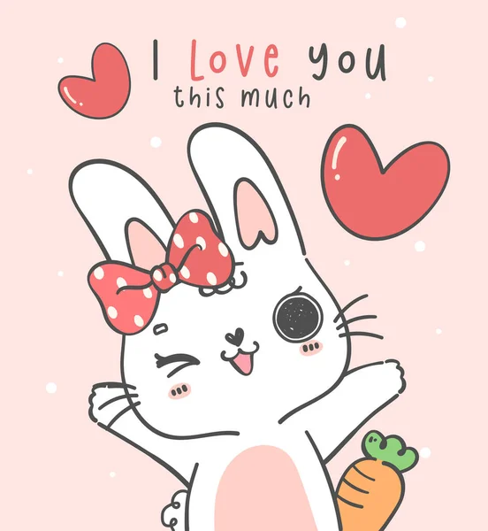 かわいいバレンタインラブグリーティングカードともにカワイイ幸せそうな顔白いウサギの漫画動物の人形手描きアウトラインベクトル — ストックベクタ