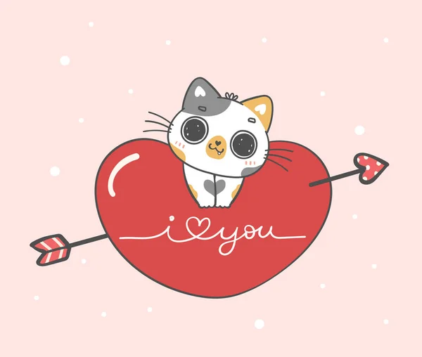 Kawaii Impertinente Brincalico Gato Coração Vermelho Amo Com Flecha Valentinen —  Vetores de Stock