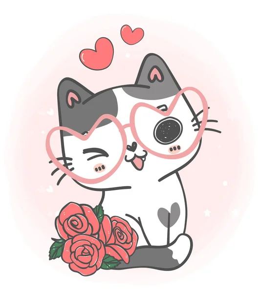 Şirin Tatlı Sevgililer Günü Tebrik Kartı Kedi Kedisi Kırmızı Güller — Stok Vektör