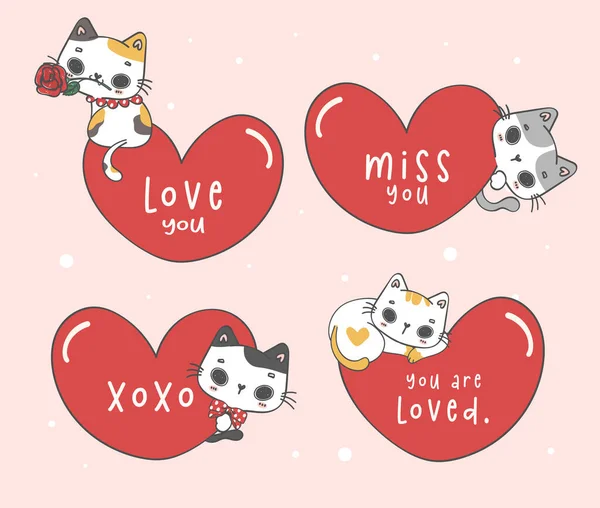 Zestaw Cute Kotek Kotów Czerwonym Sercu Kreskówki Doodle Strony Rysunek — Wektor stockowy