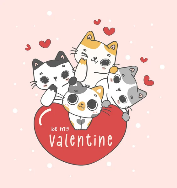 Group Cute Kitten Cats Red Heart Valentine Greeting Card Cartoon — Διανυσματικό Αρχείο