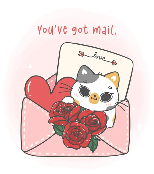 Bonito Doce Cartão Saudação Valentine Com Gato Calico Gatinho Envelope —  Vetores de Stock