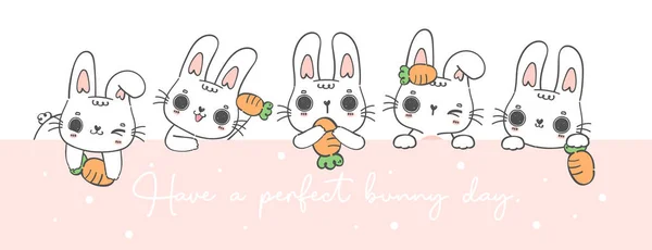 Группа Милый Счастливый Веселый Белый Кролик Кролик Морковкой Баннере Имеют — стоковый вектор