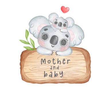 Sevimli mutlu Koala bebek ve anne kafası tahta levhada asılı mutlu anneler günü suluboya hayvan el çizimleri.