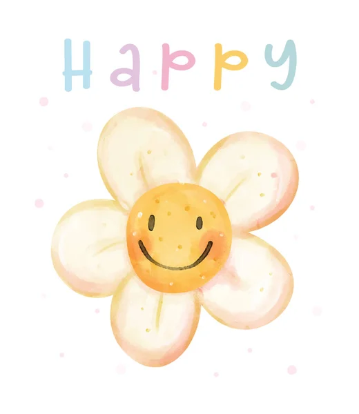 Милый Счастливый Смайлик Ромашка Цветок Акварель Ручная Картина Иллюстрация Поздравления — стоковый вектор