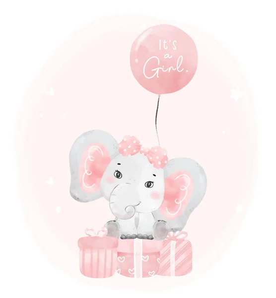 Cute Happy Baby Pink Elephant Girl Birthday Sit Birthday Gift — стоковый вектор