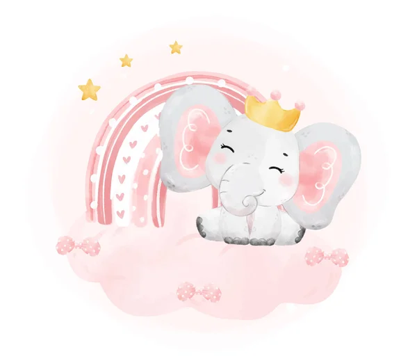 Милая Счастливая Веселая Улыбка Малышка Розовый Слон Девочка Бохо Радуга — стоковый вектор