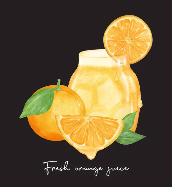 Zusammensetzung Set Von Frischen Hausgemachten Orangensaft Mit Früchten Aquarell Illustration — Stockvektor