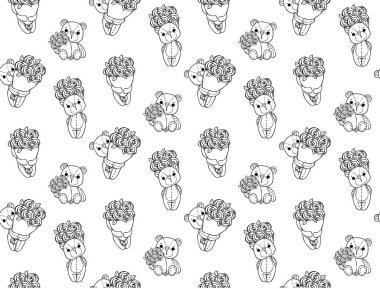 Kusursuz arka plan. Güller çizen sevimli oyuncak ayı bebeği. Çizgi film karakteri çizimi.