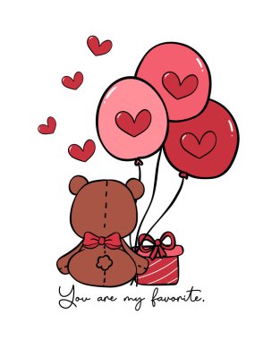 Kırmızı balonlu sevimli oyuncak ayı. El çizimi. Beyaz arka planda izole edilmiş çizgi film karakteri çizimi.