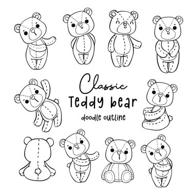 Sevimli, romantik sevgililer günü oyuncak ayısı renkli sayfa için çizgi film karakteri taslağı çiziyor.