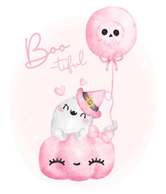 Şirin mutlu gülümseme kawaii pembe hayalet cadılar bayramı pembe balkabağı çizgi film karakteri suluboya el boyalı vektör.